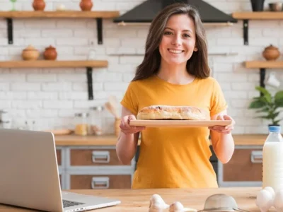 Smiling woman in a kitchen holding freshly baked bread, promoting her home-based bakery business.